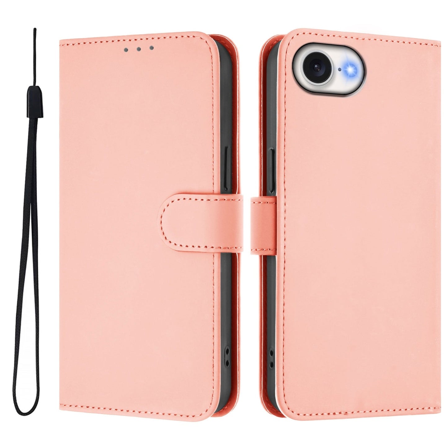 For iPhone 16e Skin Feel Solid Color Leather Phone Case with Lanyard(Pink)