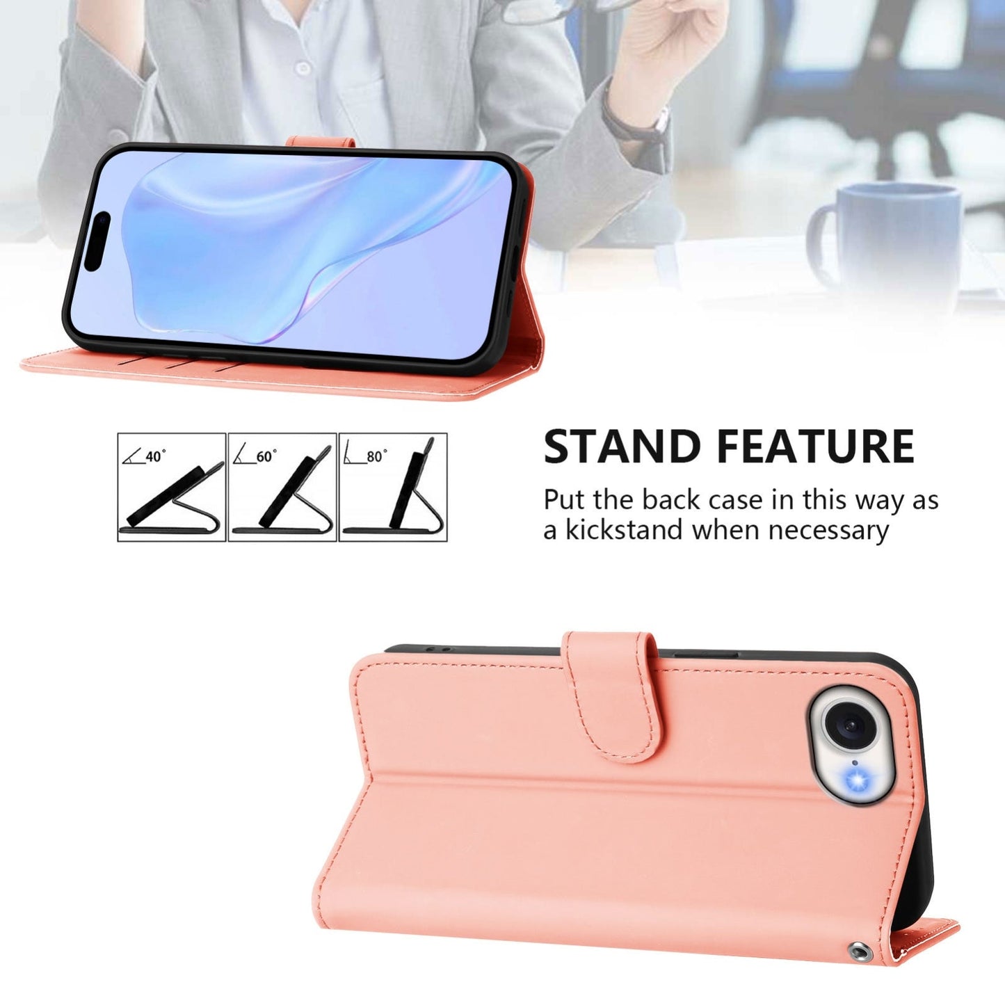 For iPhone 16e Skin Feel Solid Color Leather Phone Case with Lanyard(Pink)