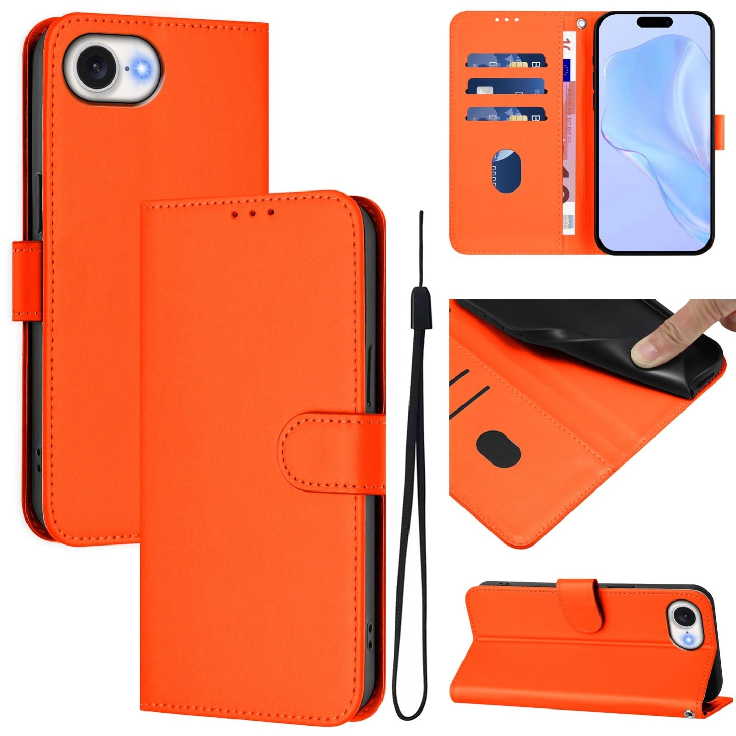 For iPhone 16e Skin Feel Solid Color Leather Phone Case with Lanyard(Orange)