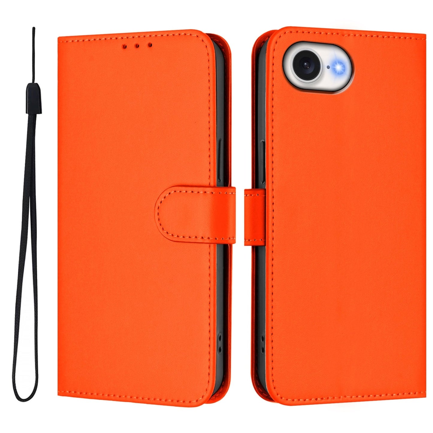 For iPhone 16e Skin Feel Solid Color Leather Phone Case with Lanyard(Orange)