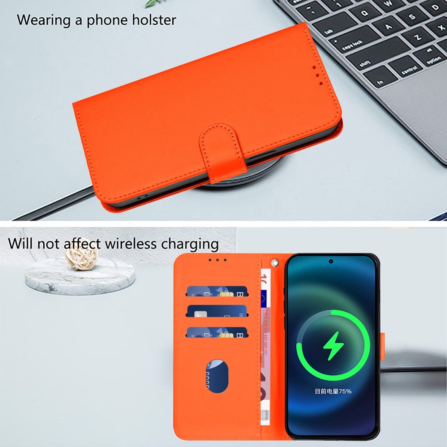For iPhone 16e Skin Feel Solid Color Leather Phone Case with Lanyard(Orange)