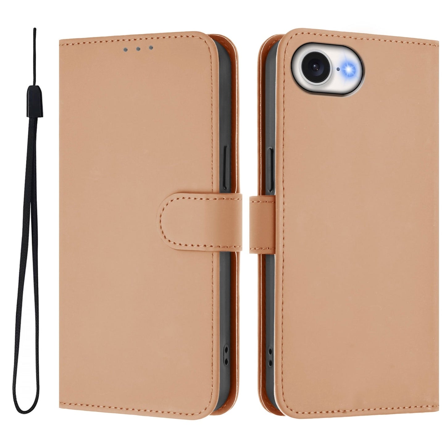 For iPhone 16e Skin Feel Solid Color Leather Phone Case with Lanyard(Nude)