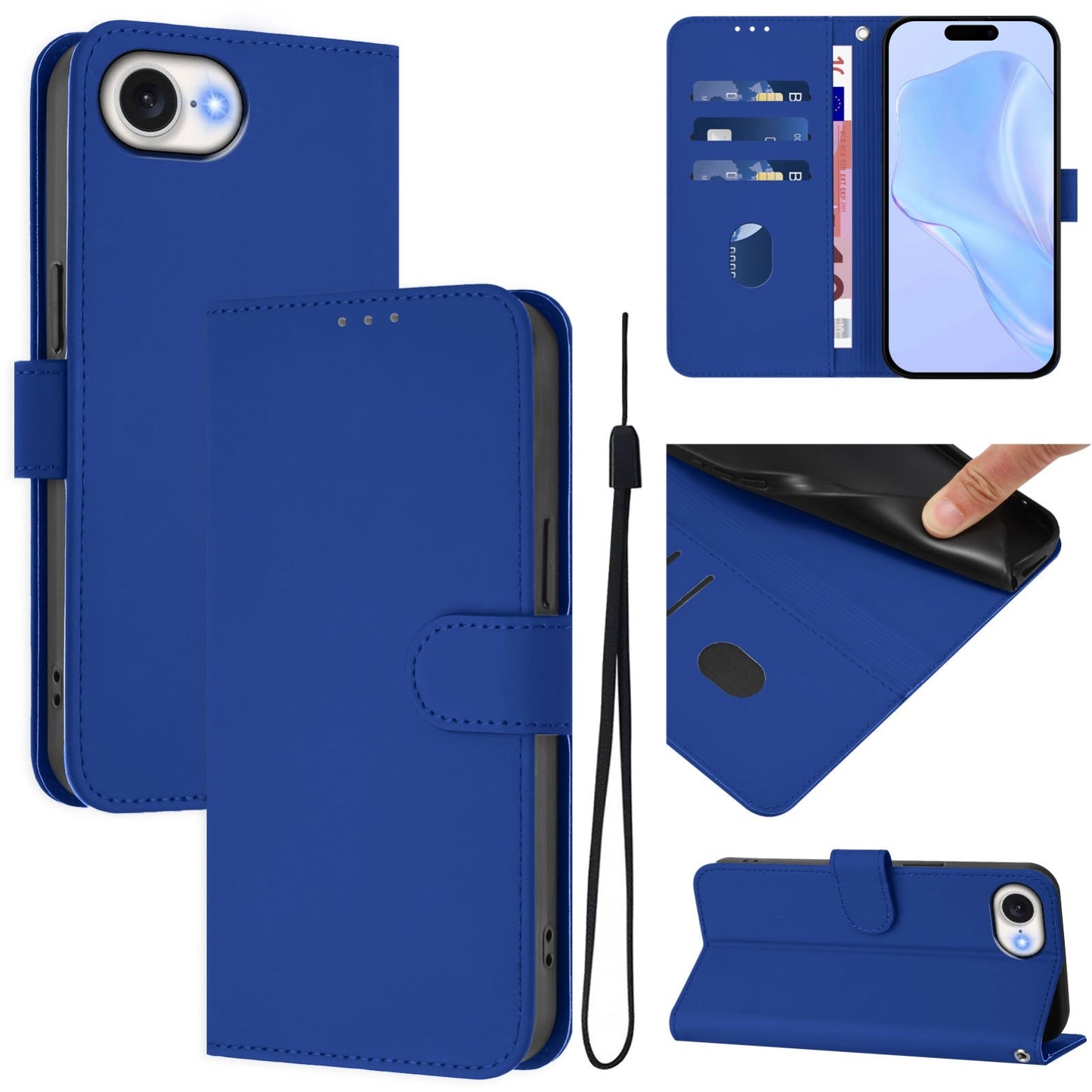 For iPhone 16e Skin Feel Solid Color Leather Phone Case with Lanyard(Dark Blue)