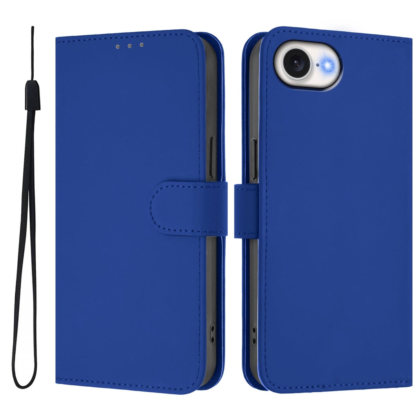 For iPhone 16e Skin Feel Solid Color Leather Phone Case with Lanyard(Dark Blue)