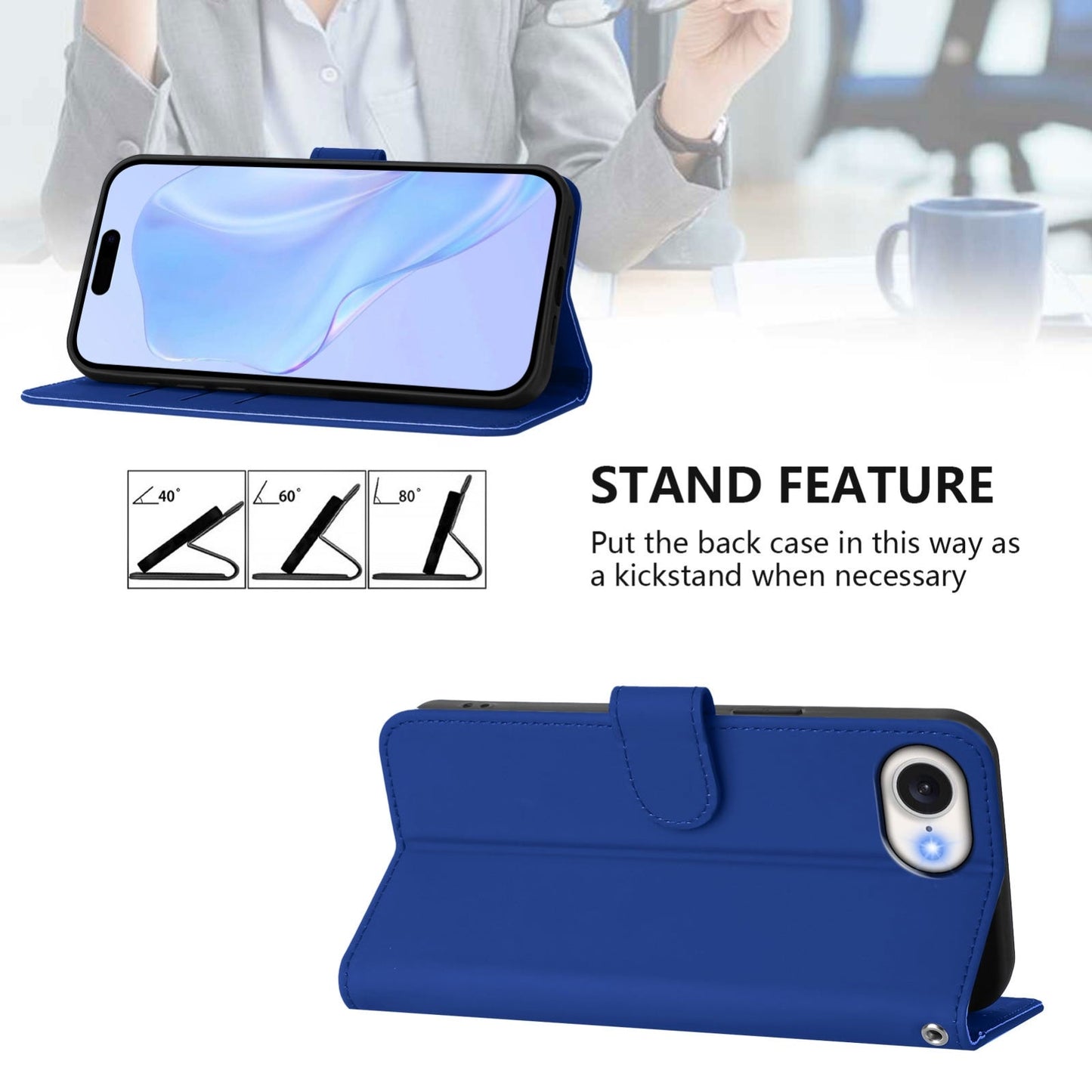 For iPhone 16e Skin Feel Solid Color Leather Phone Case with Lanyard(Dark Blue)