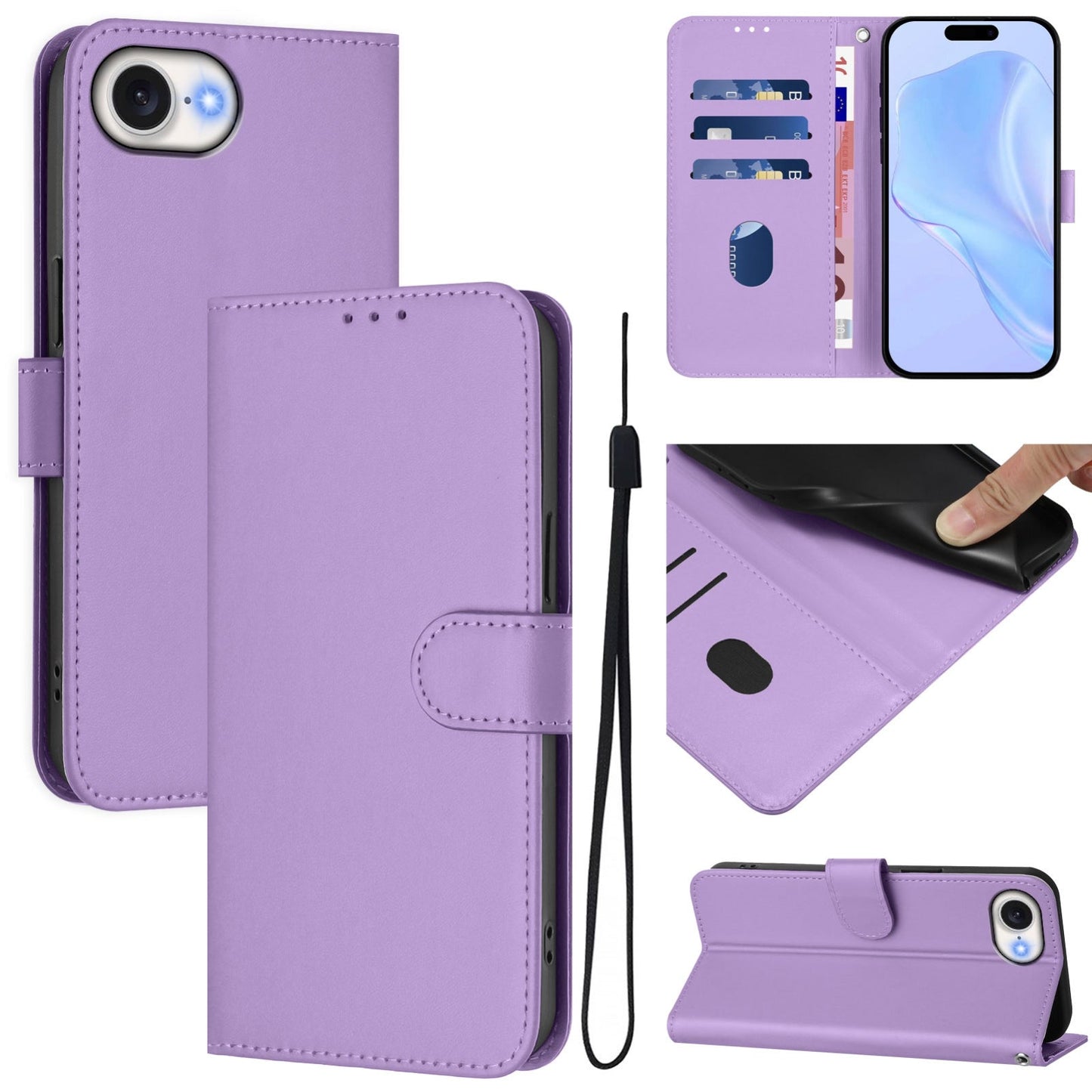 For iPhone 16e Skin Feel Solid Color Leather Phone Case with Lanyard(Lavender Purple)