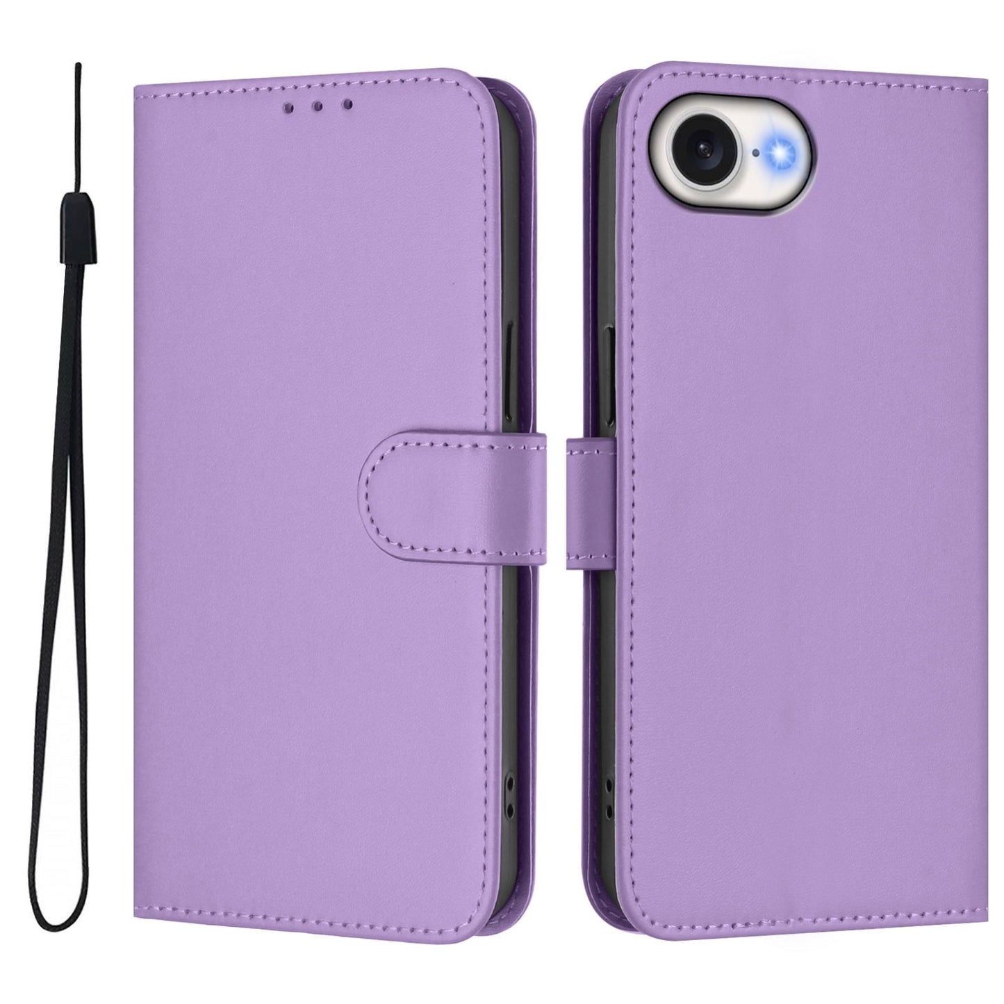 For iPhone 16e Skin Feel Solid Color Leather Phone Case with Lanyard(Lavender Purple)