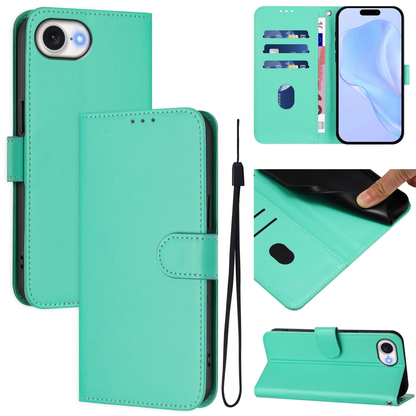 For iPhone 16e Skin Feel Solid Color Leather Phone Case with Lanyard(Green)