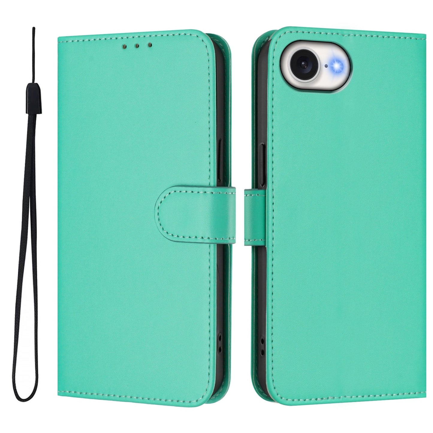 For iPhone 16e Skin Feel Solid Color Leather Phone Case with Lanyard(Green)