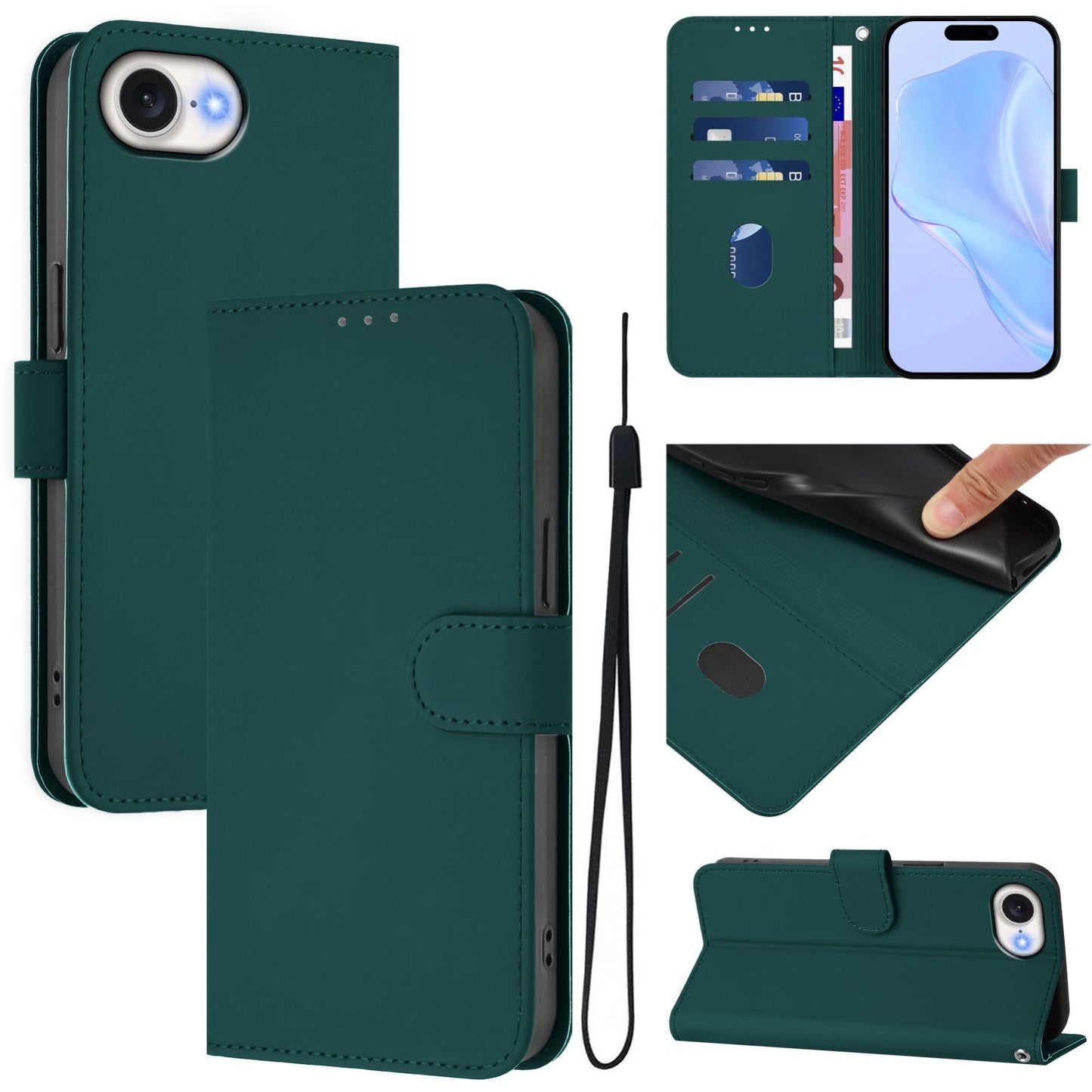 For iPhone 16e Skin Feel Solid Color Leather Phone Case with Lanyard(Dark Green)