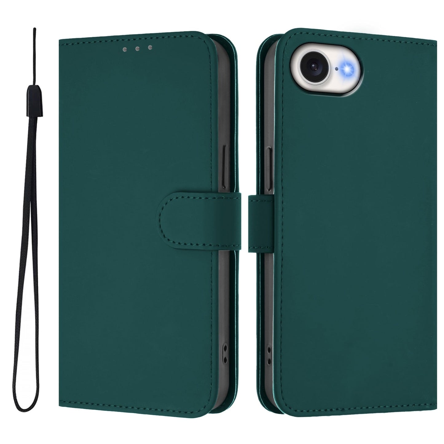 For iPhone 16e Skin Feel Solid Color Leather Phone Case with Lanyard(Dark Green)