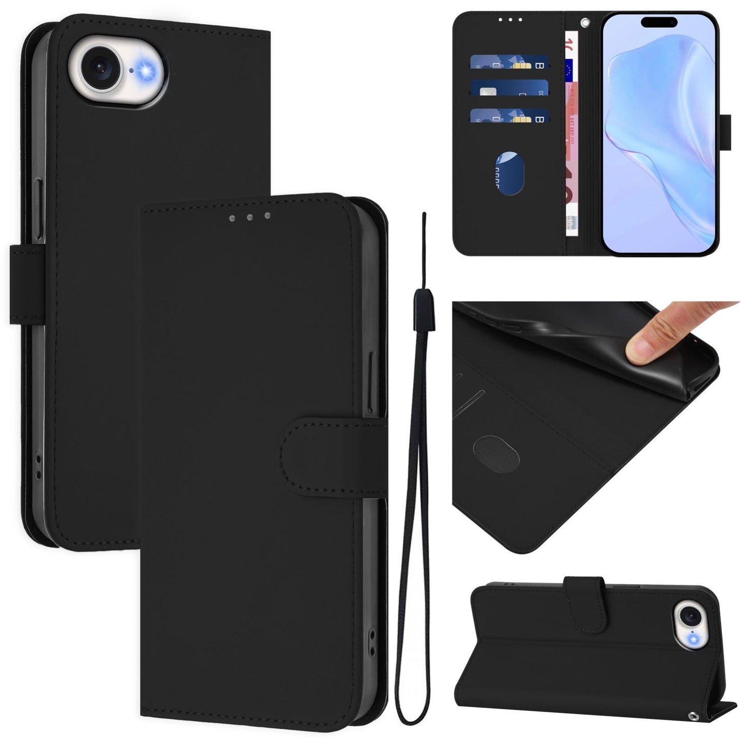 For iPhone 16e Skin Feel Solid Color Leather Phone Case with Lanyard(Black)
