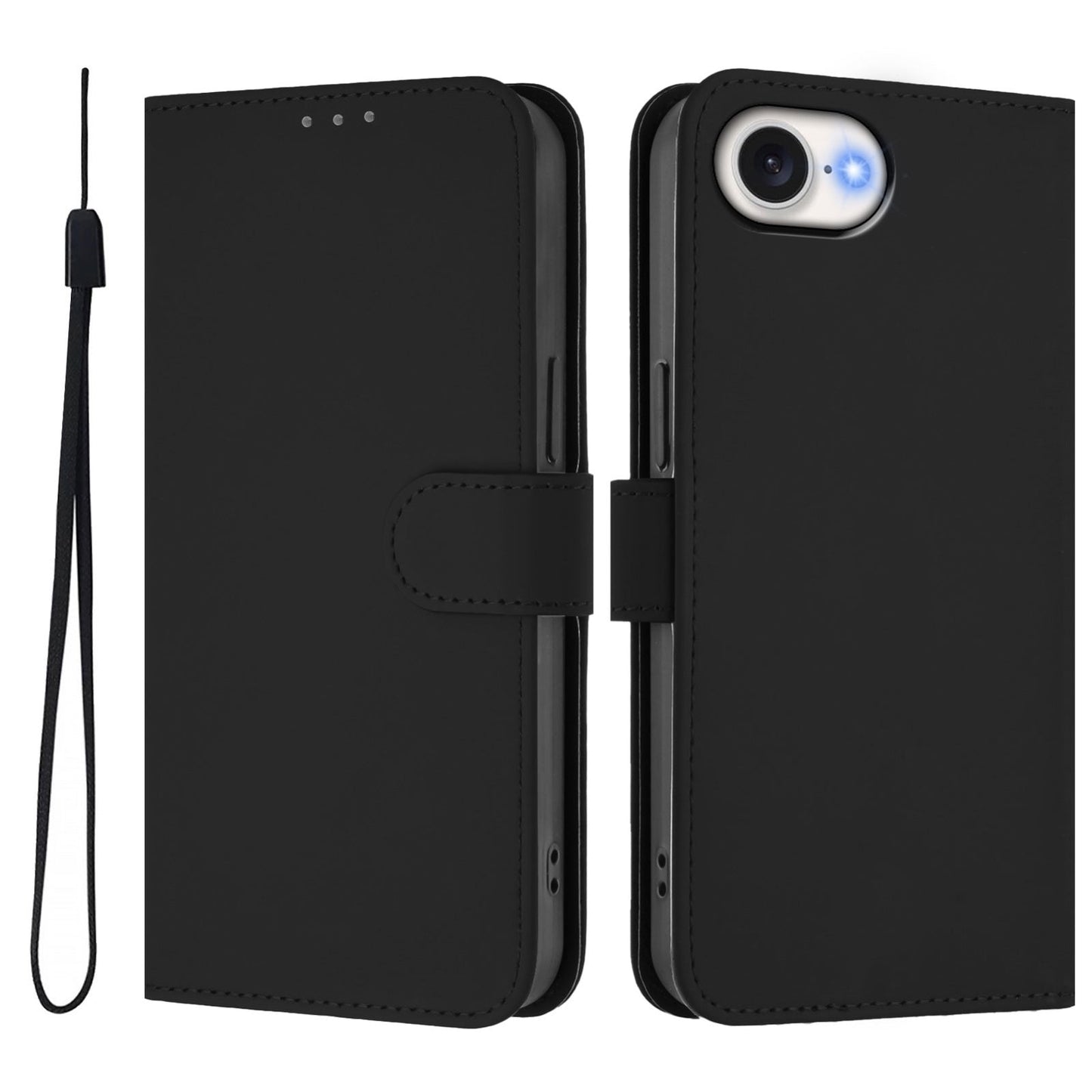 For iPhone 16e Skin Feel Solid Color Leather Phone Case with Lanyard(Black)