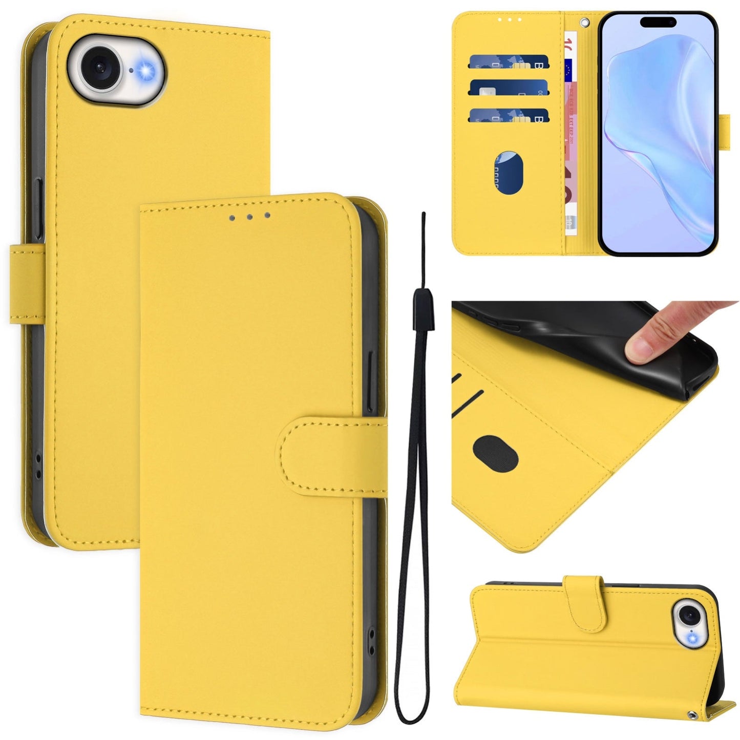 For iPhone 16e Skin Feel Solid Color Leather Phone Case with Lanyard(Lemon Yellow)