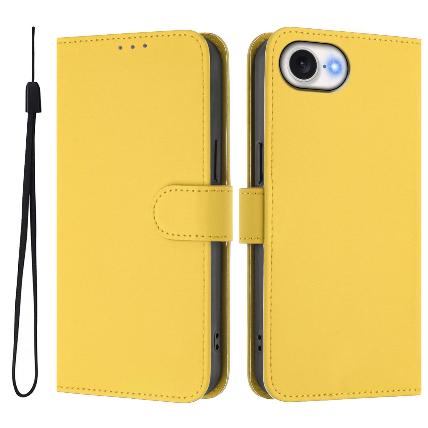 For iPhone 16e Skin Feel Solid Color Leather Phone Case with Lanyard(Lemon Yellow)