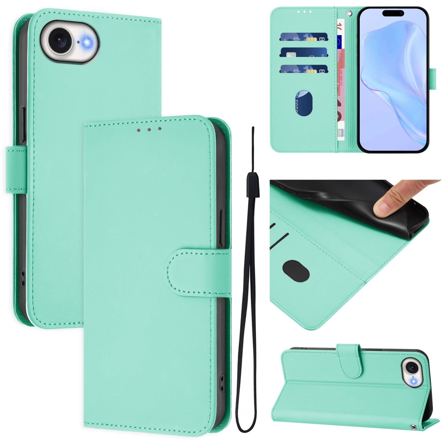 For iPhone 16e Skin Feel Solid Color Leather Phone Case with Lanyard(Mint Green)