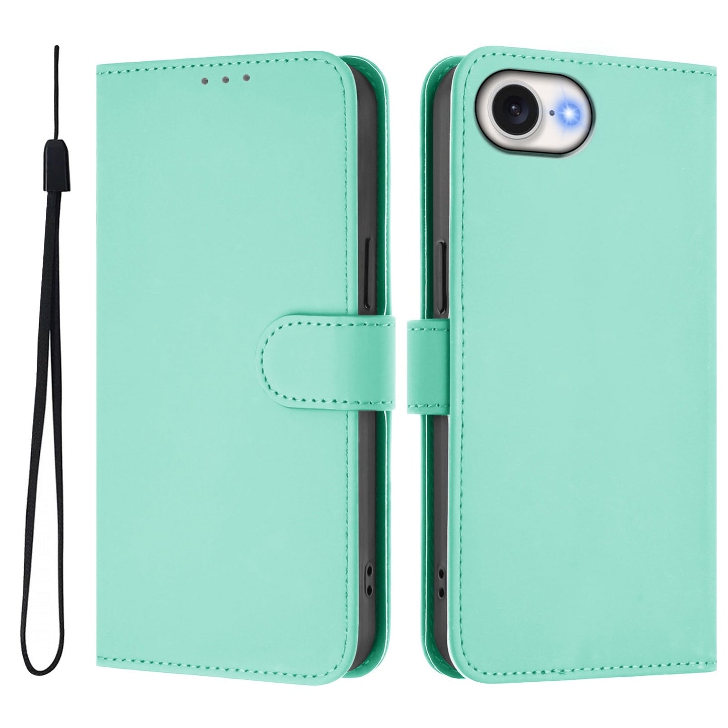 For iPhone 16e Skin Feel Solid Color Leather Phone Case with Lanyard(Mint Green)