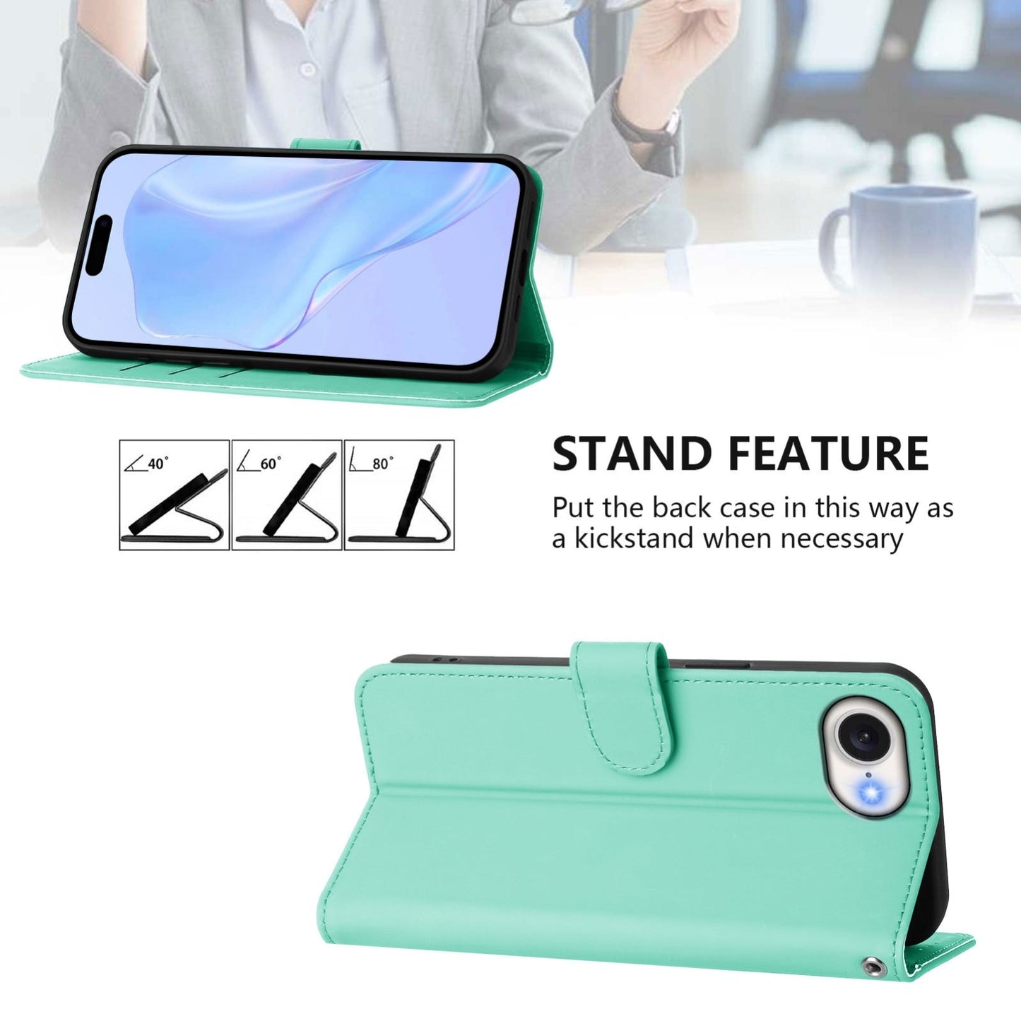 For iPhone 16e Skin Feel Solid Color Leather Phone Case with Lanyard(Mint Green)