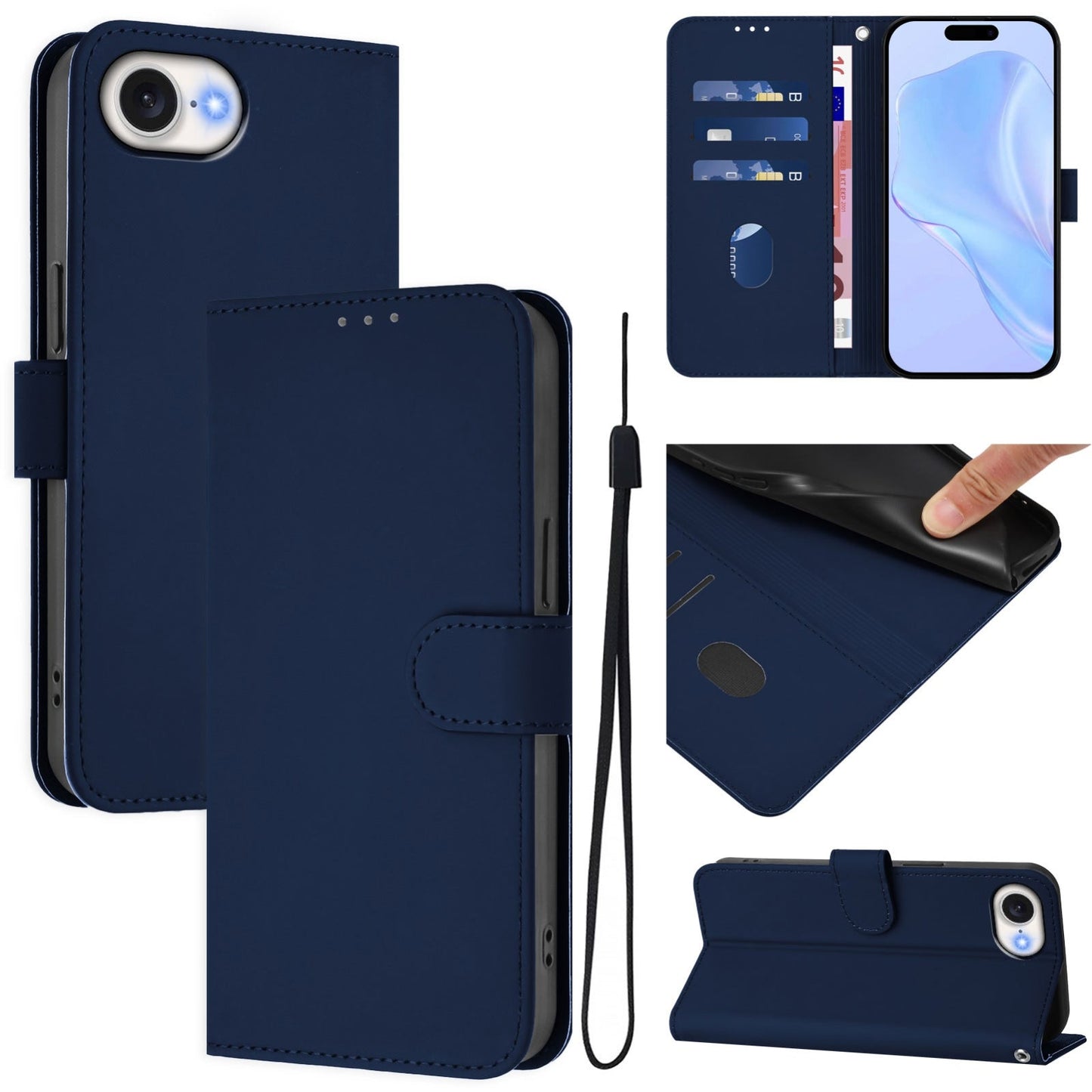 For iPhone 16e Skin Feel Solid Color Leather Phone Case with Lanyard(Navy Blue)
