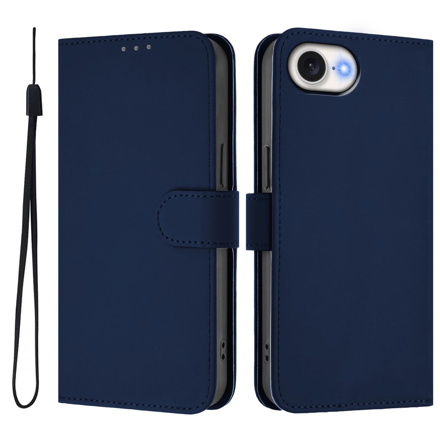 For iPhone 16e Skin Feel Solid Color Leather Phone Case with Lanyard(Navy Blue)