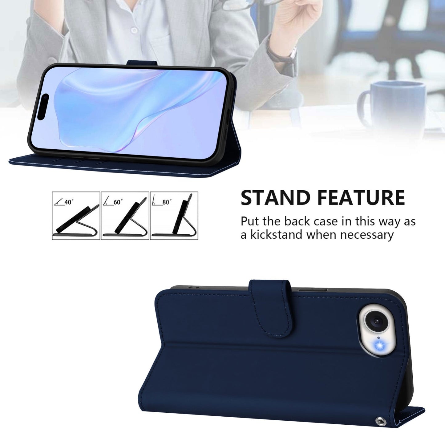 For iPhone 16e Skin Feel Solid Color Leather Phone Case with Lanyard(Navy Blue)