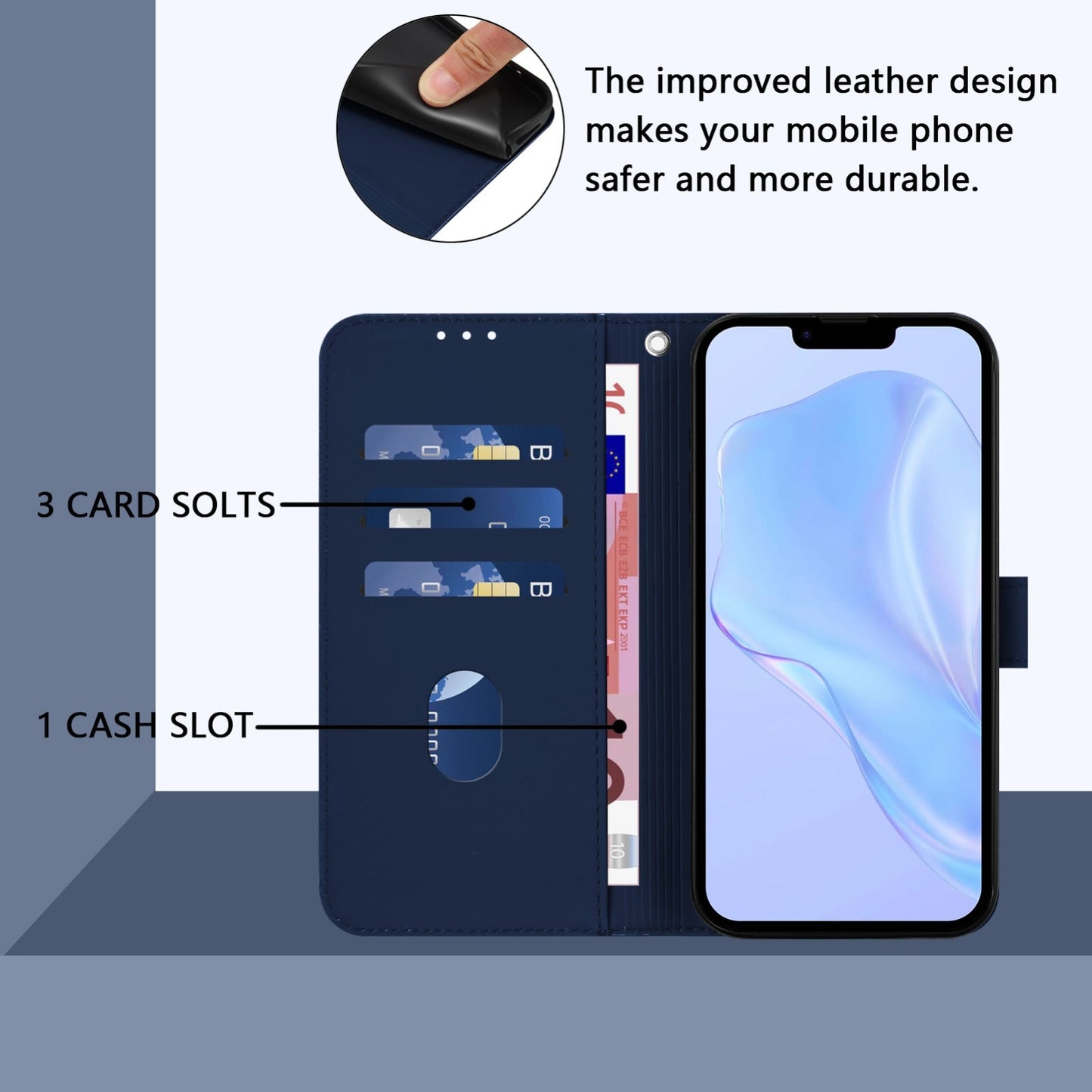 For iPhone 16e Skin Feel Solid Color Leather Phone Case with Lanyard(Navy Blue)