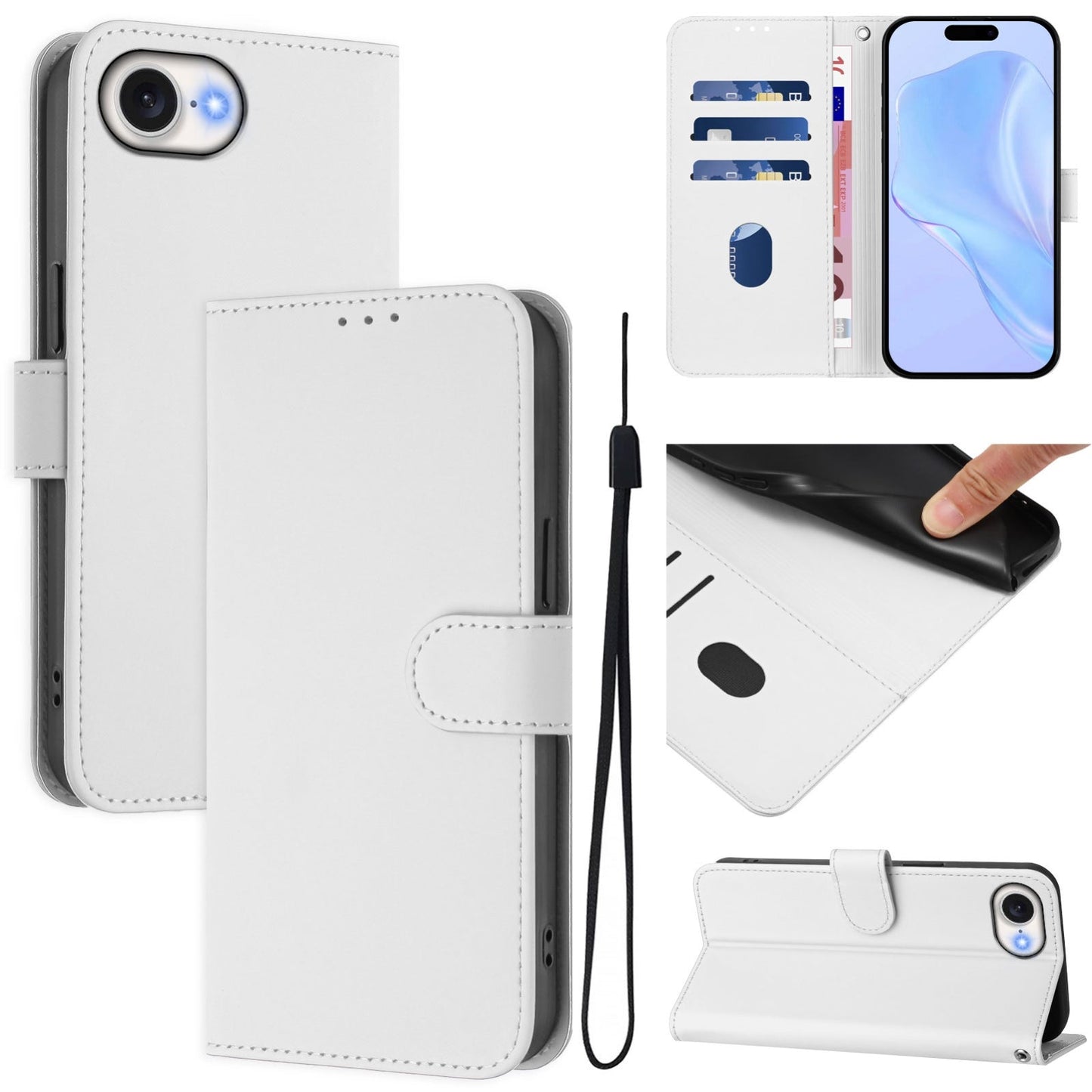 For iPhone 16e Skin Feel Solid Color Leather Phone Case with Lanyard(White)