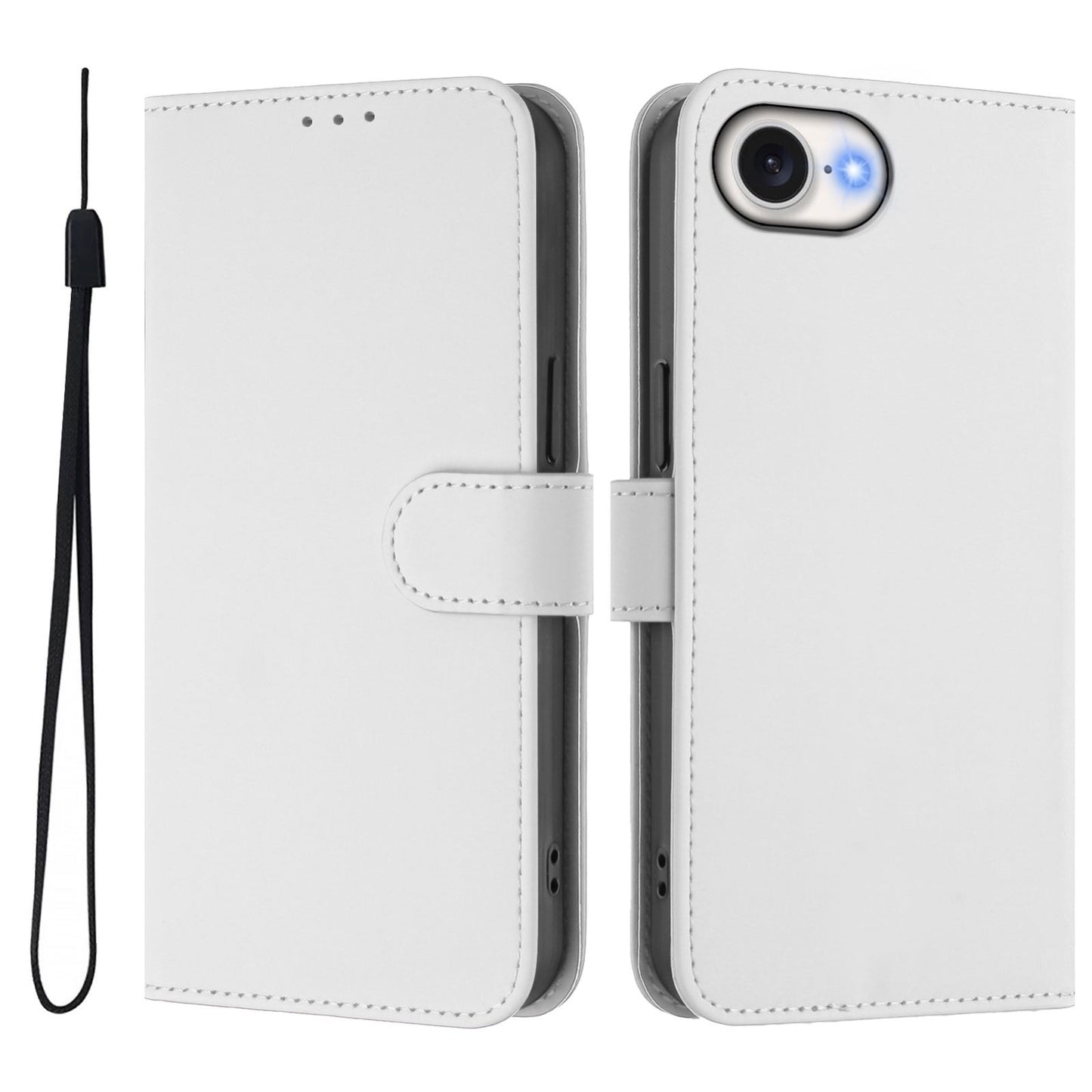 For iPhone 16e Skin Feel Solid Color Leather Phone Case with Lanyard(White)