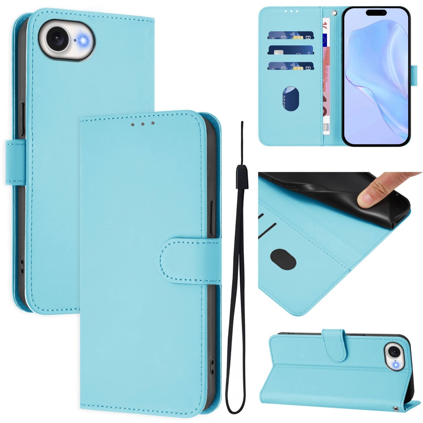 For iPhone 16e Skin Feel Solid Color Leather Phone Case with Lanyard(Sky Blue)
