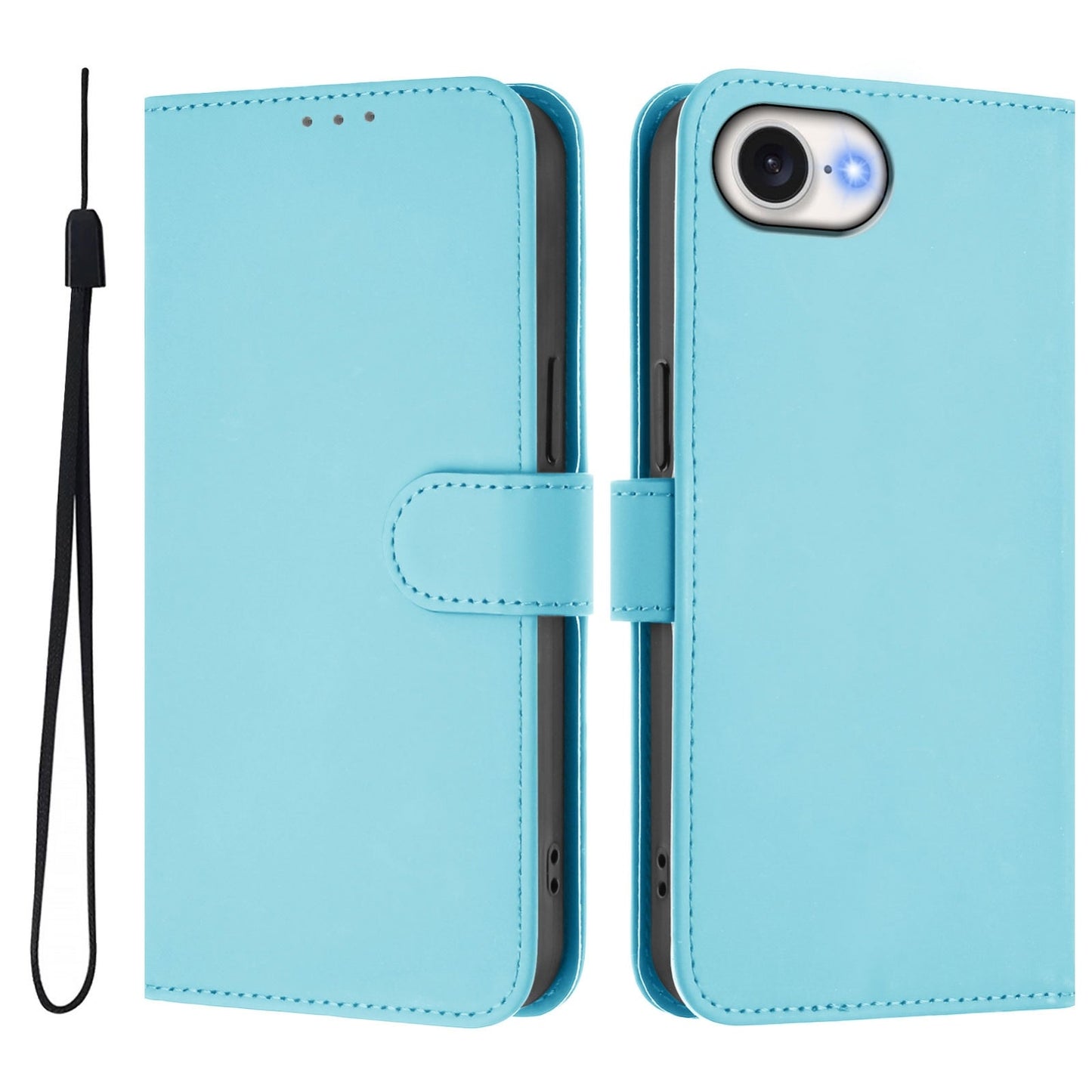 For iPhone 16e Skin Feel Solid Color Leather Phone Case with Lanyard(Sky Blue)
