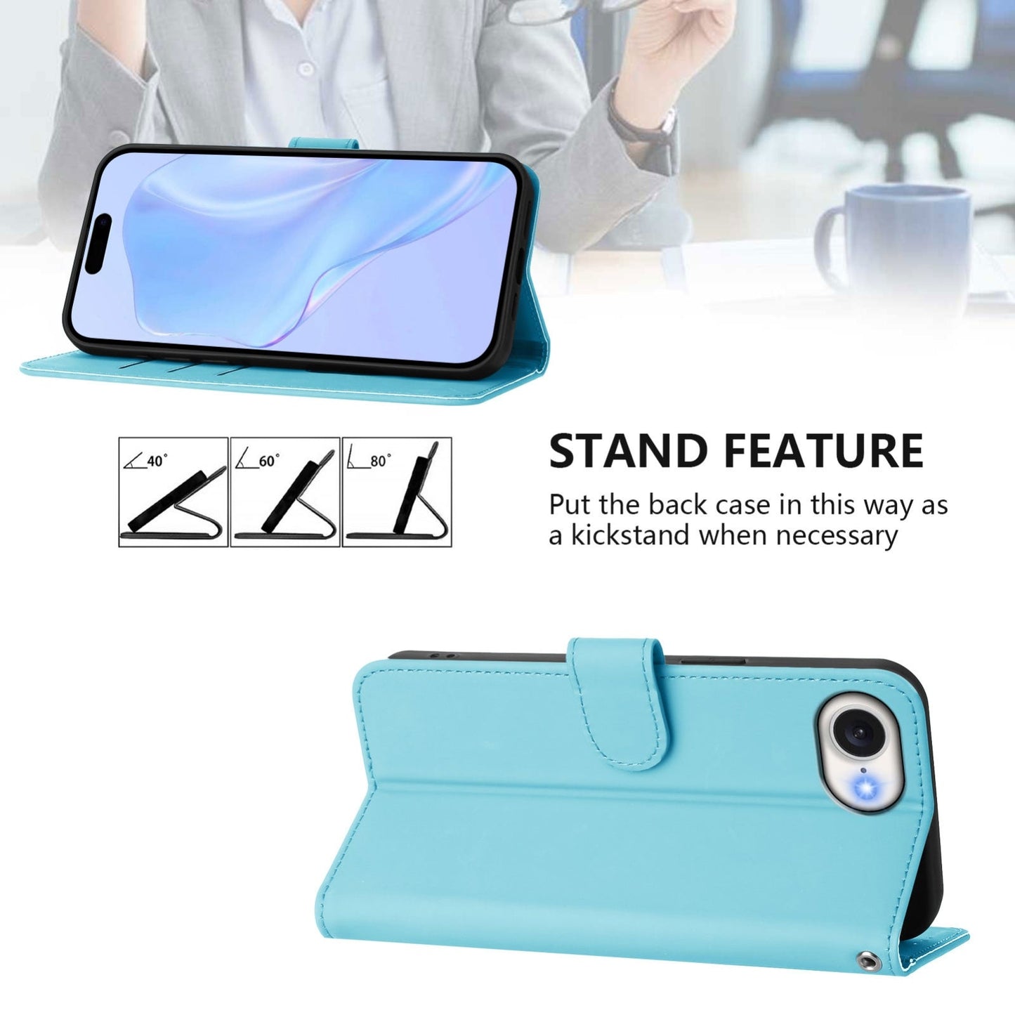 For iPhone 16e Skin Feel Solid Color Leather Phone Case with Lanyard(Sky Blue)
