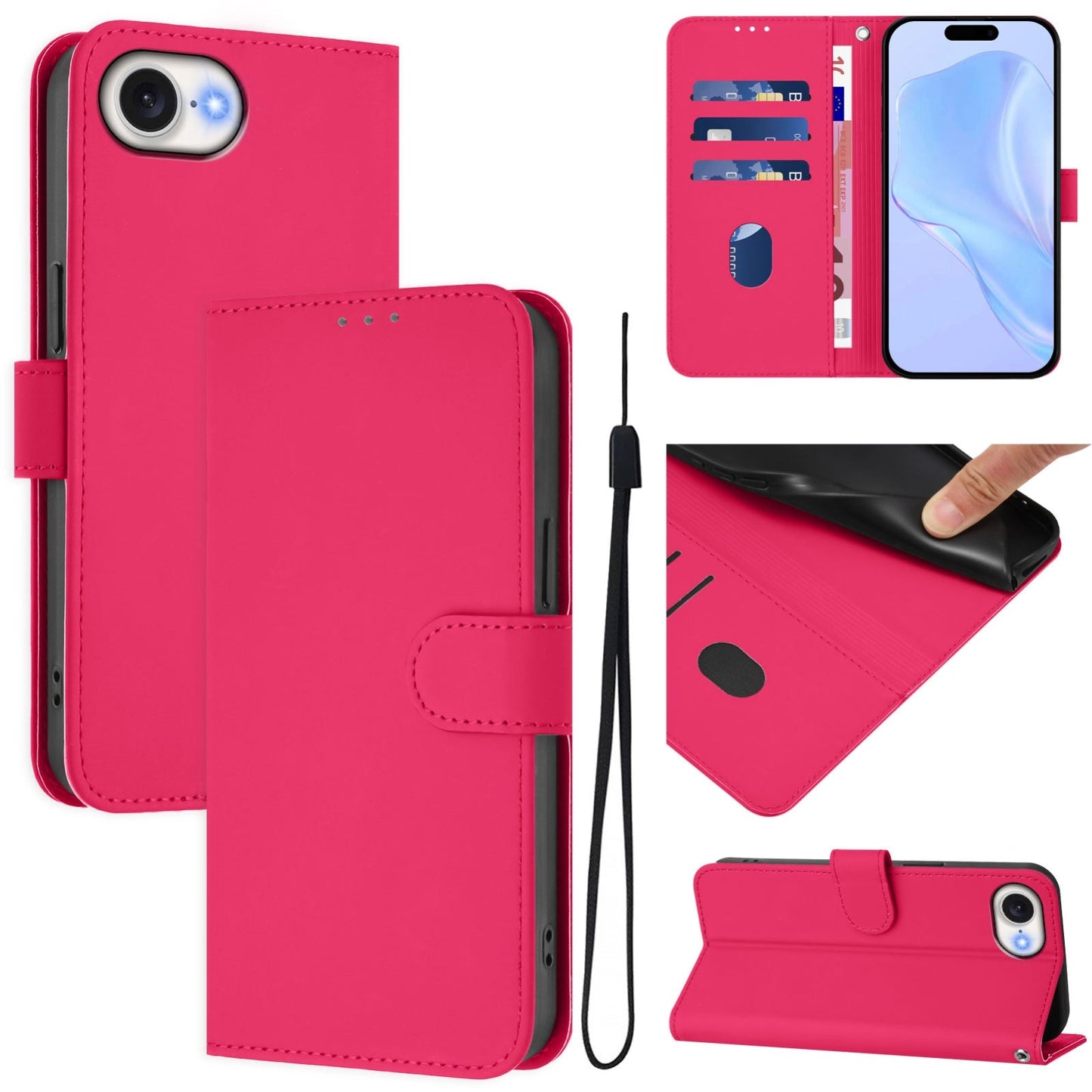 For iPhone 16e Skin Feel Solid Color Leather Phone Case with Lanyard(Rose Red)