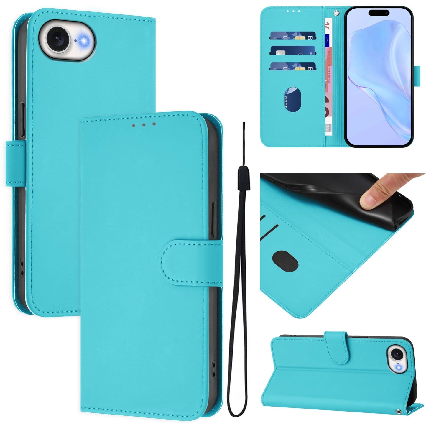 For iPhone 16e Skin Feel Solid Color Leather Phone Case with Lanyard(Lake Blue)