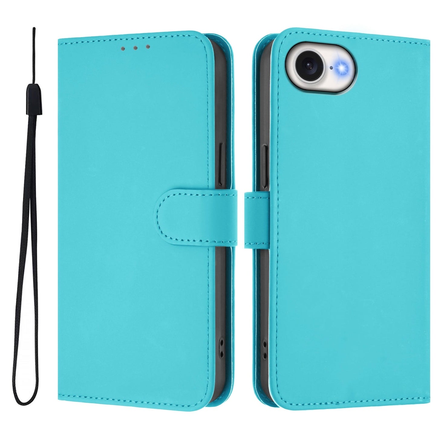 For iPhone 16e Skin Feel Solid Color Leather Phone Case with Lanyard(Lake Blue)