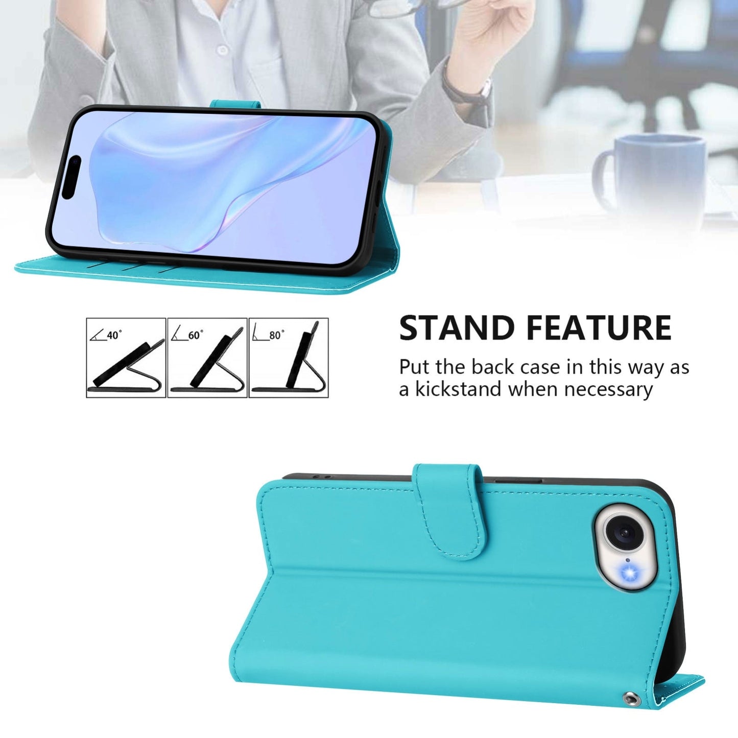 For iPhone 16e Skin Feel Solid Color Leather Phone Case with Lanyard(Lake Blue)