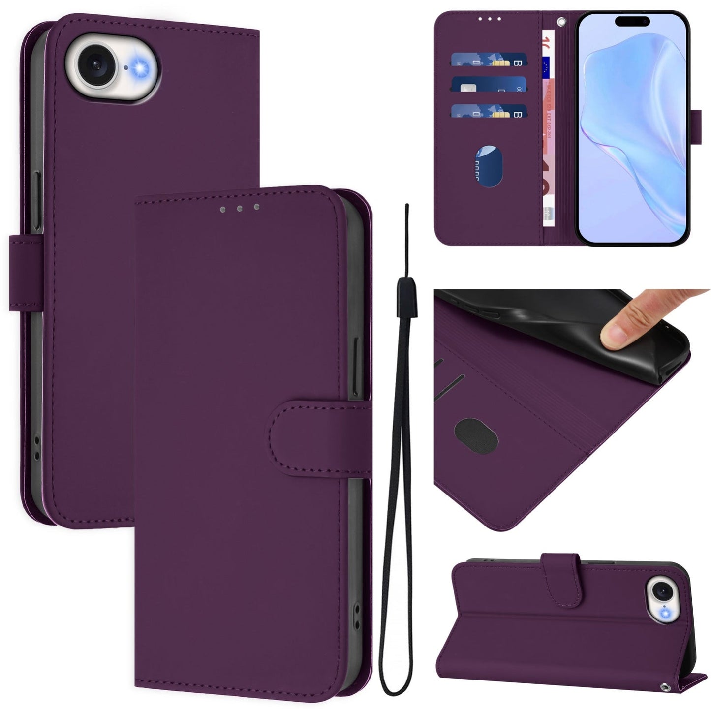 For iPhone 16e Skin Feel Solid Color Leather Phone Case with Lanyard(Violet)