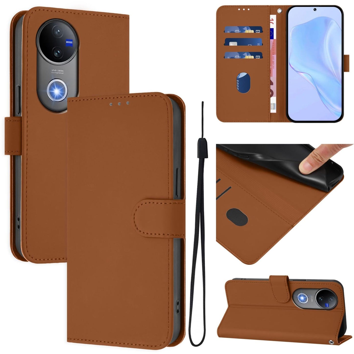 For vivo V50 Global Skin Feel Solid Color Leather Phone Case with Lanyard(Brown)
