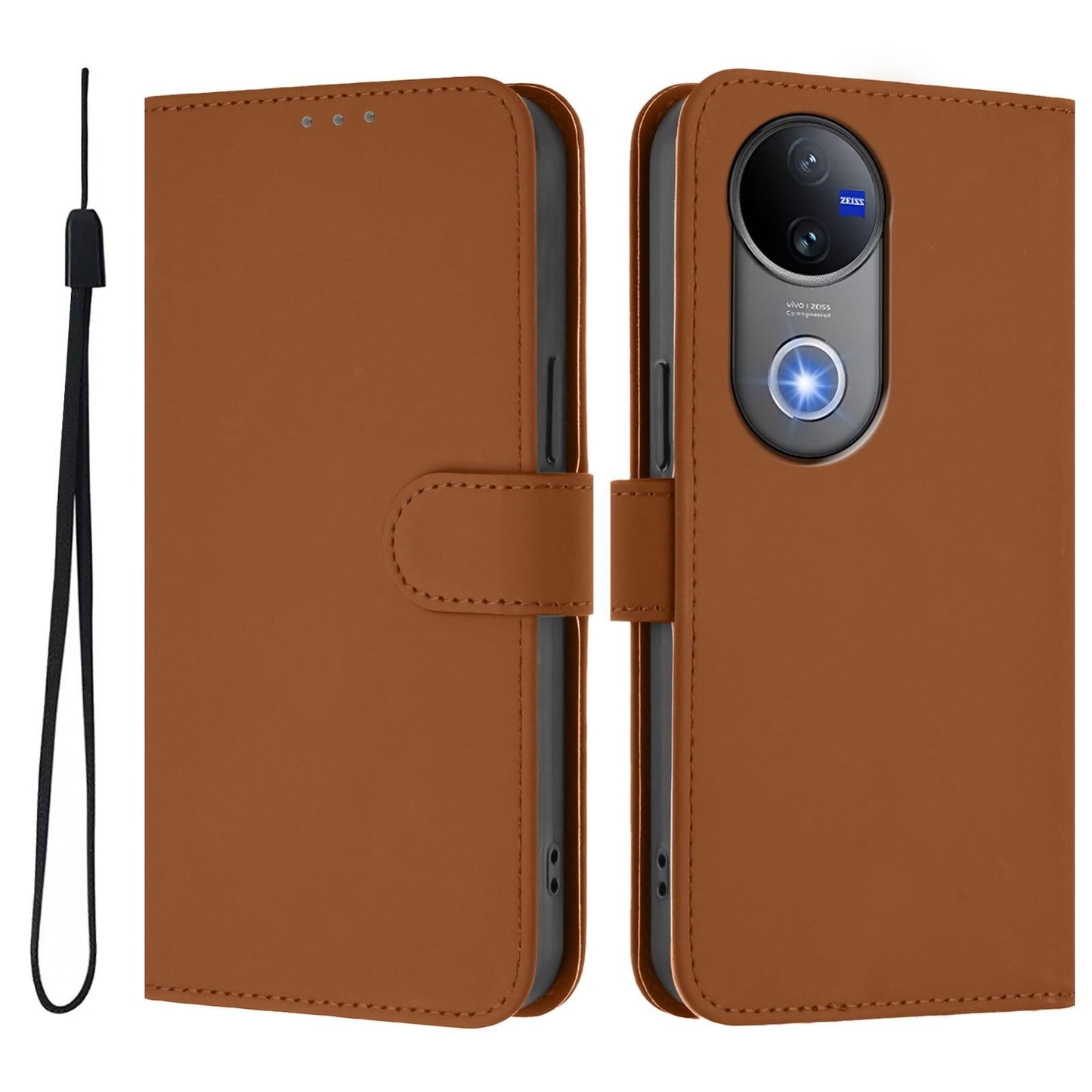 For vivo V50 Global Skin Feel Solid Color Leather Phone Case with Lanyard(Brown)