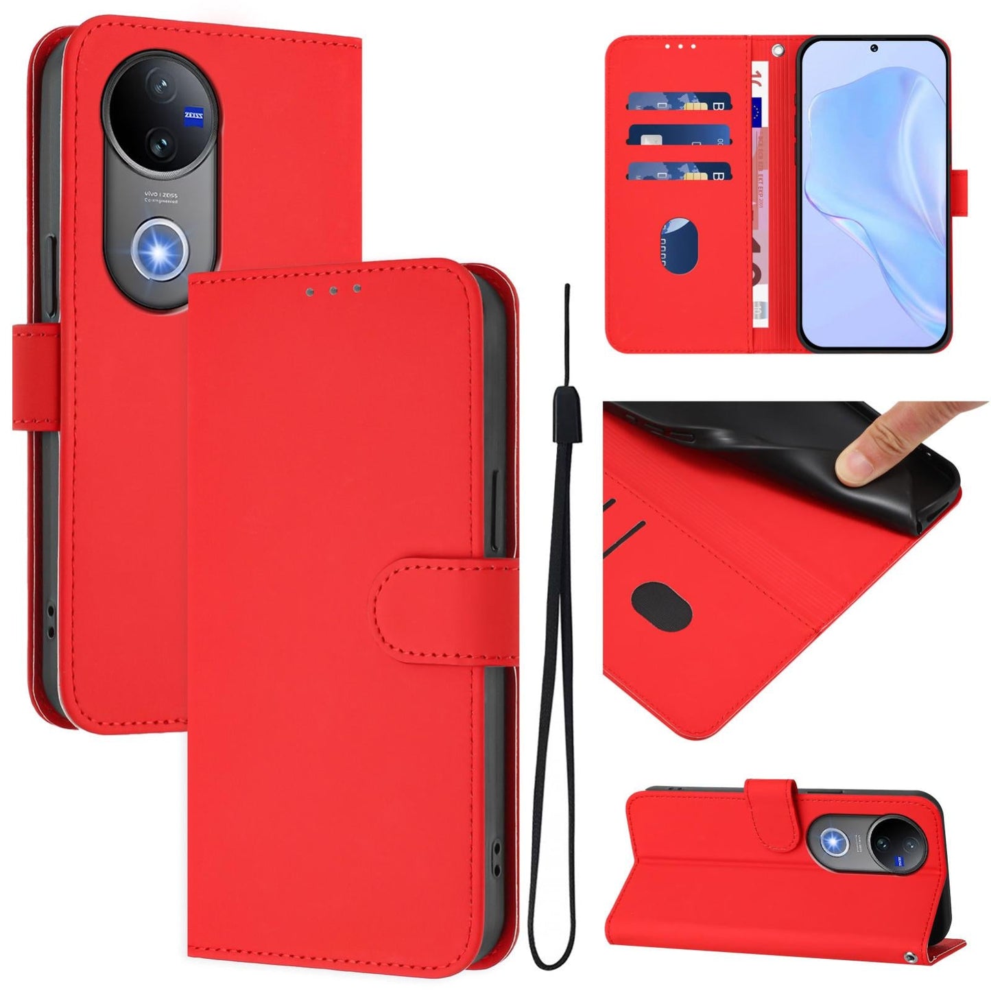 For vivo V50 Global Skin Feel Solid Color Leather Phone Case with Lanyard(Red)