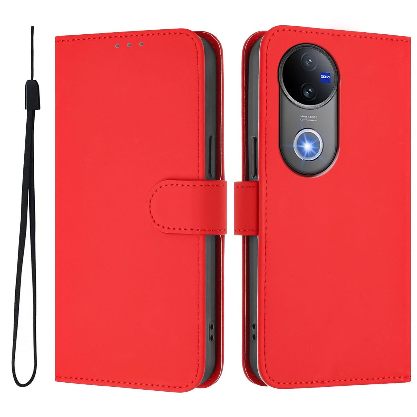 For vivo V50 Global Skin Feel Solid Color Leather Phone Case with Lanyard(Red)