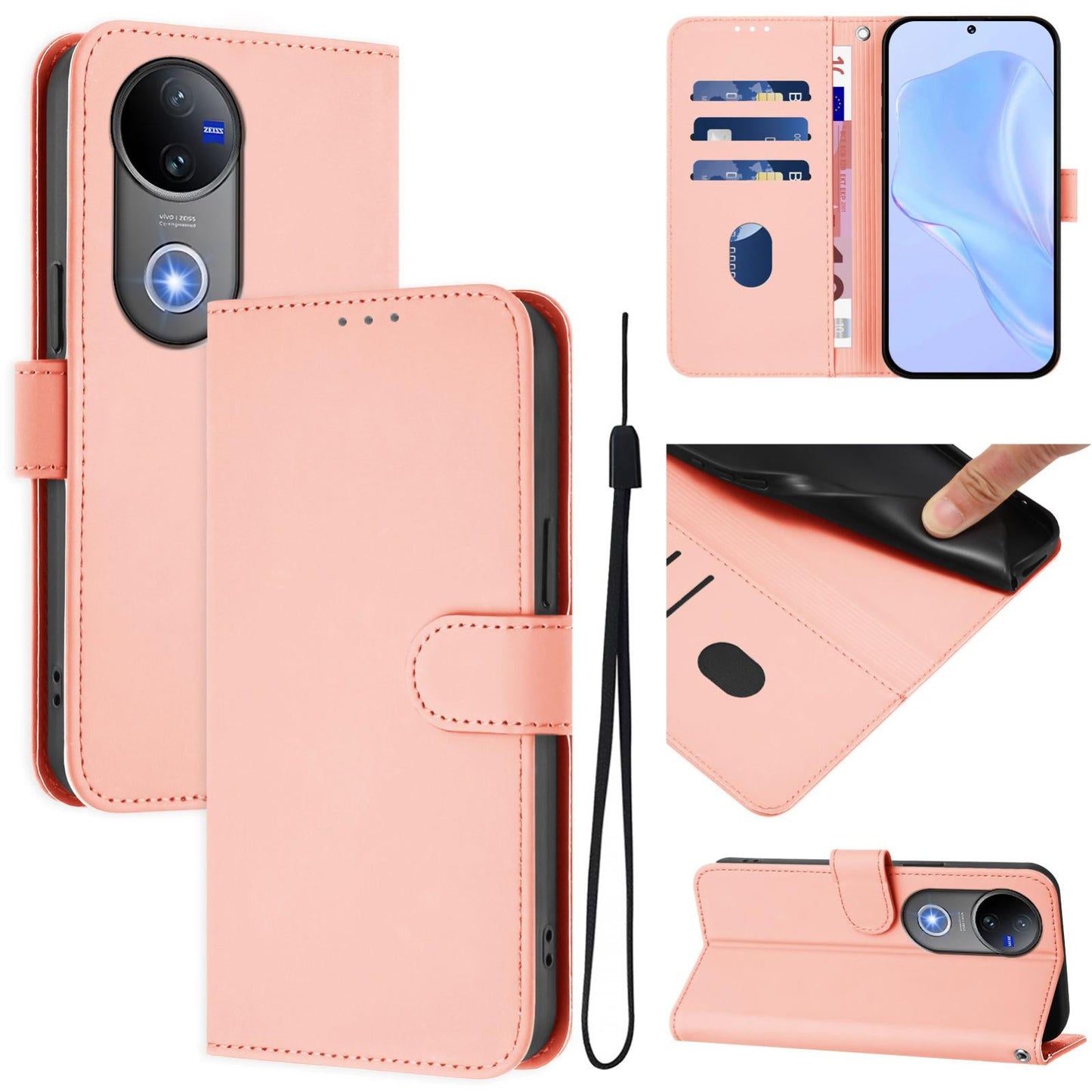 For vivo V50 Global Skin Feel Solid Color Leather Phone Case with Lanyard(Pink)