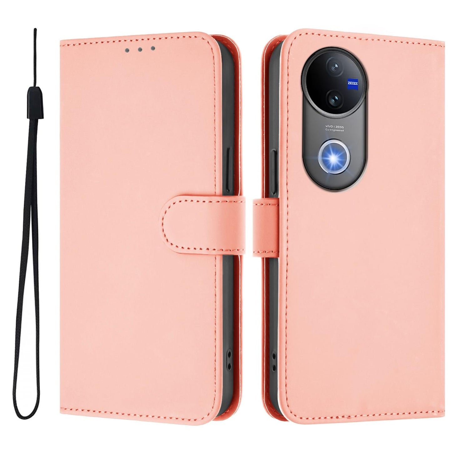 For vivo V50 Global Skin Feel Solid Color Leather Phone Case with Lanyard(Pink)