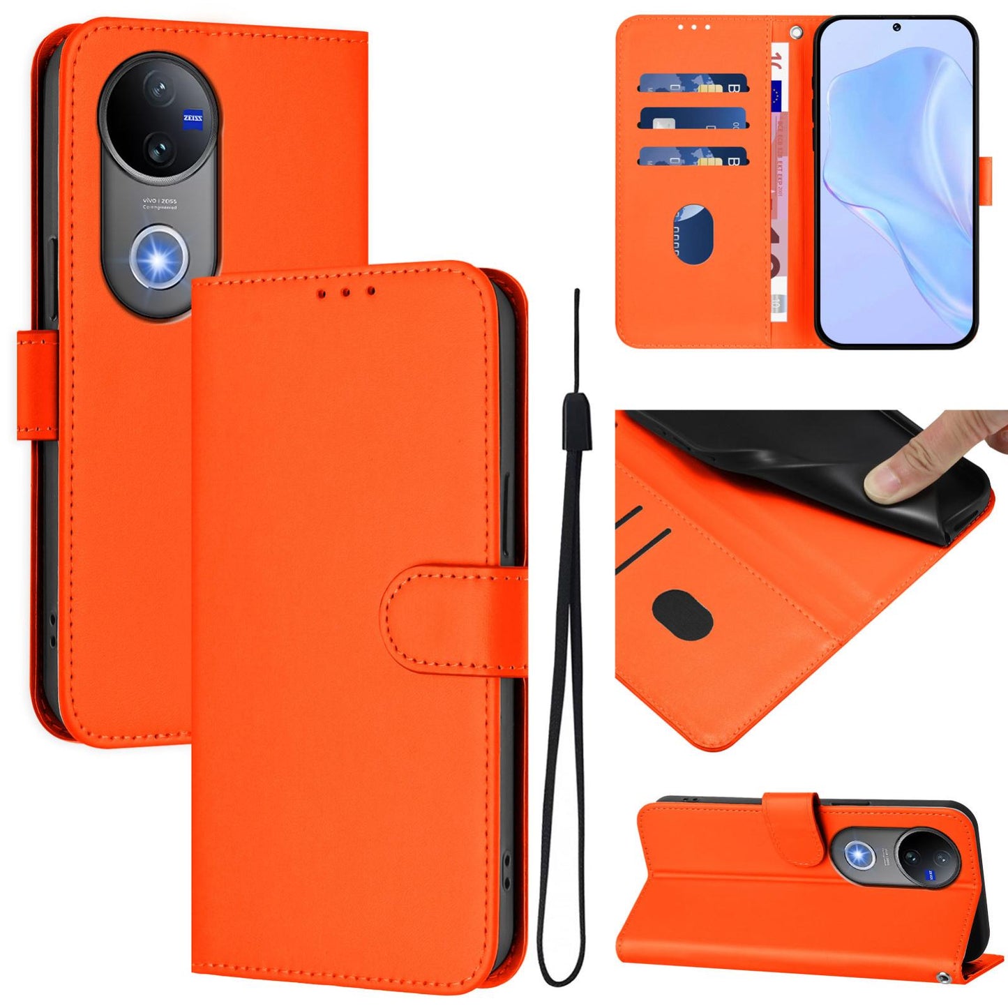For vivo V50 Global Skin Feel Solid Color Leather Phone Case with Lanyard(Orange)