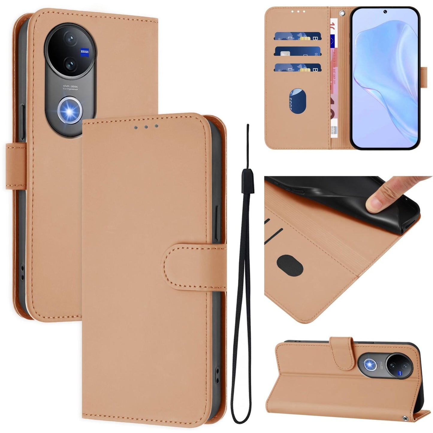 For vivo V50 Global Skin Feel Solid Color Leather Phone Case with Lanyard(Nude)