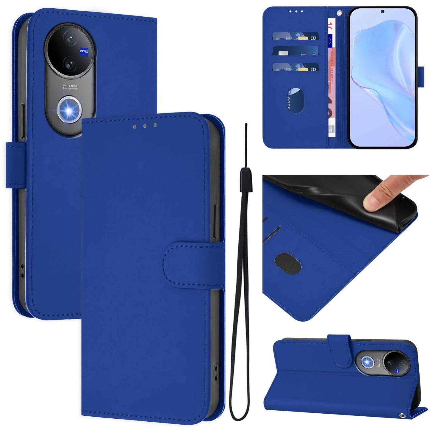 For vivo V50 Global Skin Feel Solid Color Leather Phone Case with Lanyard(Dark Blue)