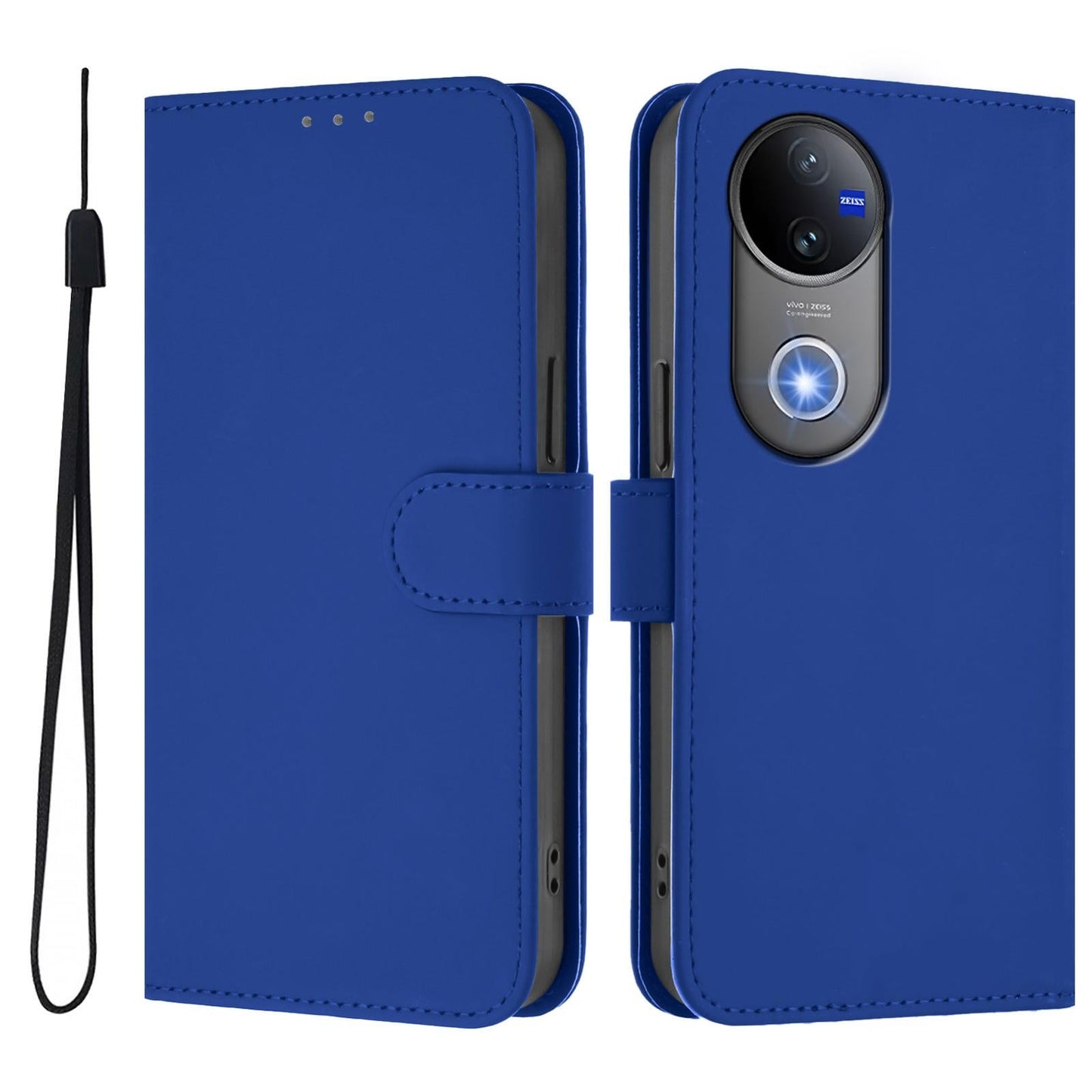 For vivo V50 Global Skin Feel Solid Color Leather Phone Case with Lanyard(Dark Blue)