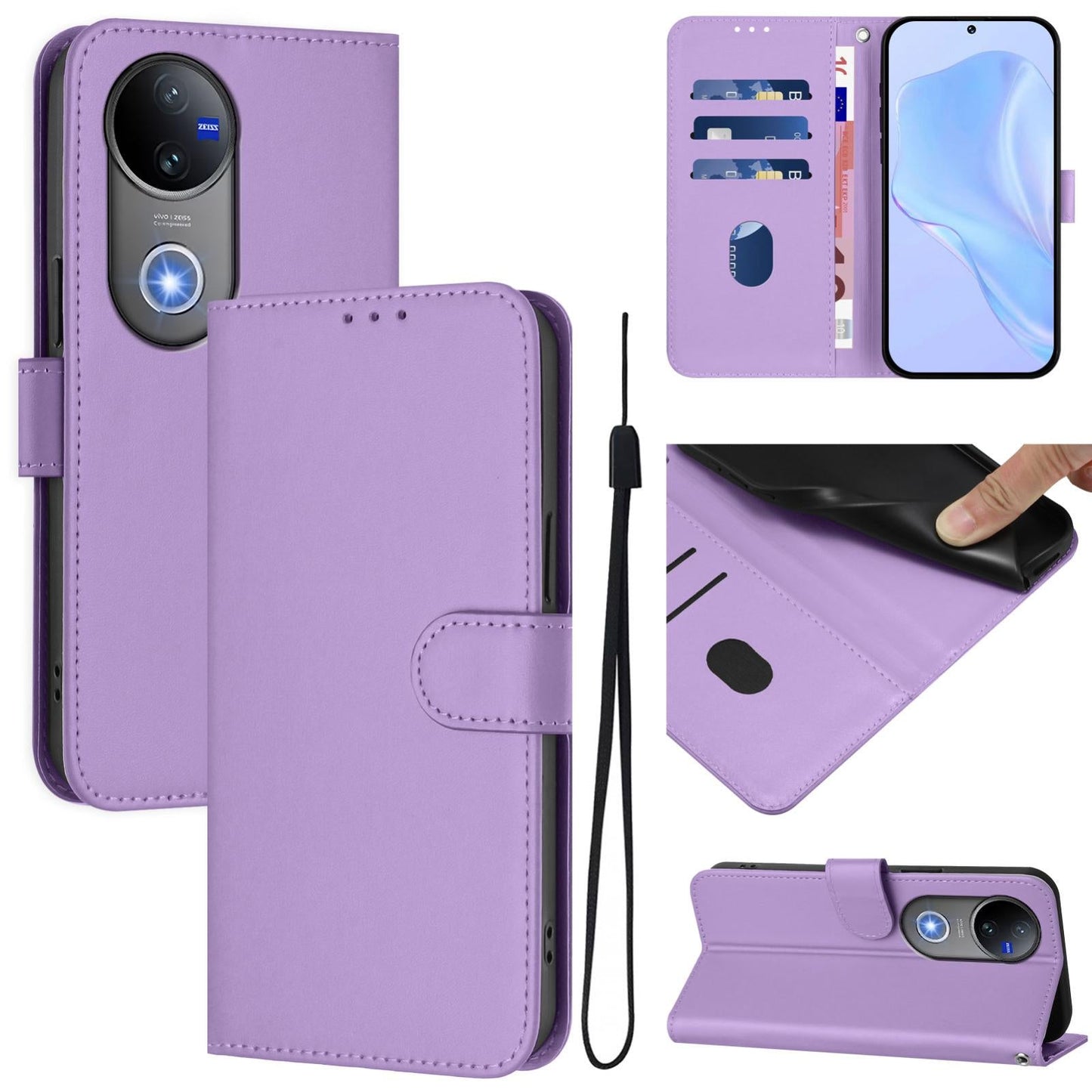 For vivo V50 Global Skin Feel Solid Color Leather Phone Case with Lanyard(Lavender Purple)