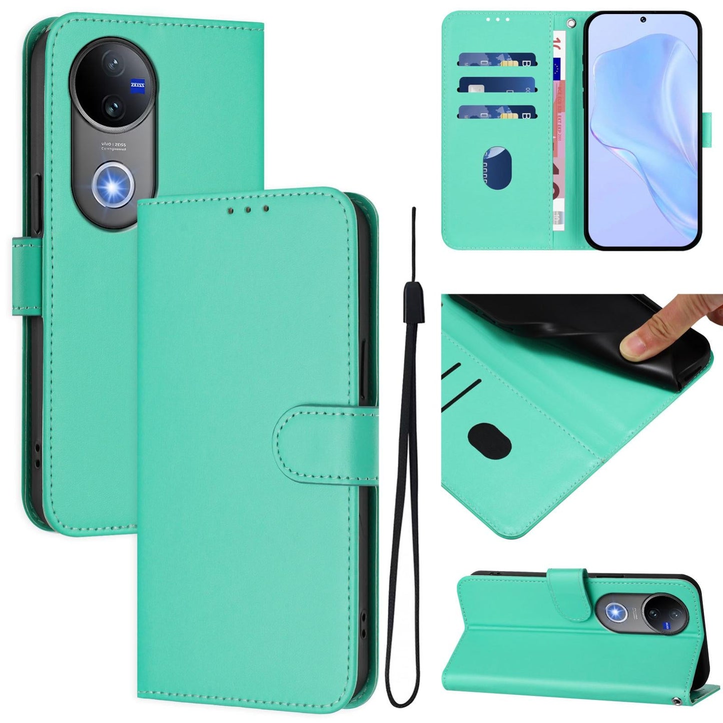 For vivo V50 Global Skin Feel Solid Color Leather Phone Case with Lanyard(Green)