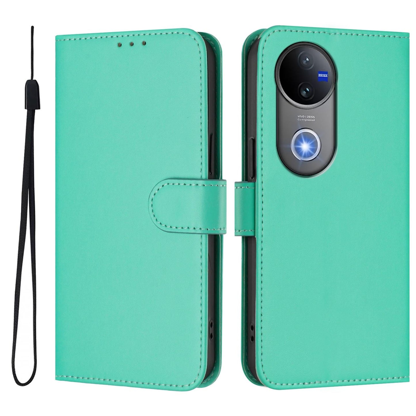 For vivo V50 Global Skin Feel Solid Color Leather Phone Case with Lanyard(Green)