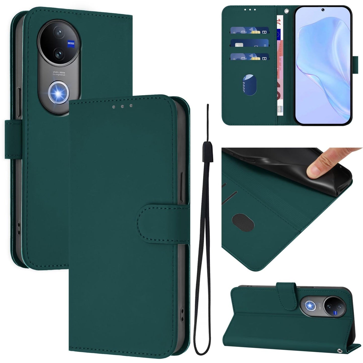 For vivo V50 Global Skin Feel Solid Color Leather Phone Case with Lanyard(Dark Green)